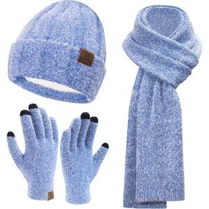 Women's Blue Warm Knit Beanie Hat Touchscreen Gloves Long Neck Scarf Set
